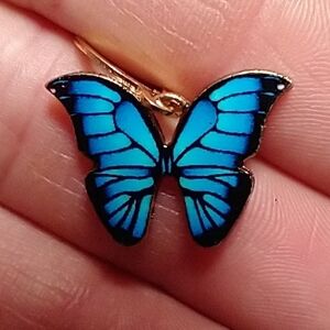 Goldtone blue butterfly wire dangle pierced earrings